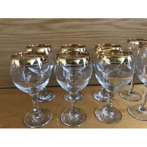 170 - x12 Red and White Wine Glasses with Gold Rim.