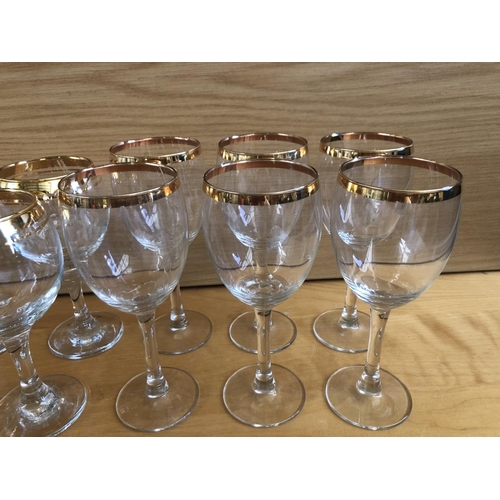 170 - x12 Red and White Wine Glasses with Gold Rim.