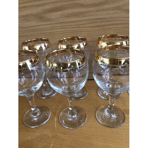 170 - x12 Red and White Wine Glasses with Gold Rim.