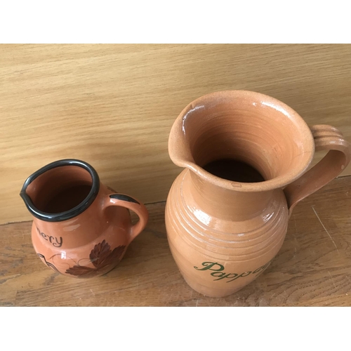 61 - 'Kolios & Pappagall' Two Terracotta (Wine) Jugs (21cm H., 14cm H.)