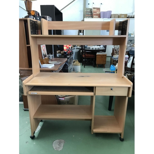 164 - Childrens Wooden Computer Desk with Top Shelves on Wheels (114 W. x 48 D. x 142cm H.)