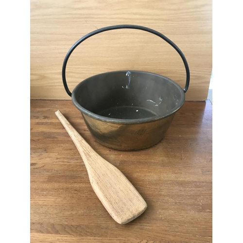 34 - Large Antique Brass Jam Pan with Handle and Wooden Ladle (33cm Ø)