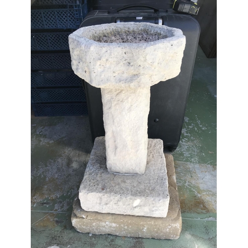 173 - Old Scottish Hand Carved Garden Sandstone Bird Bath on Sandstone Base (66cm H.)