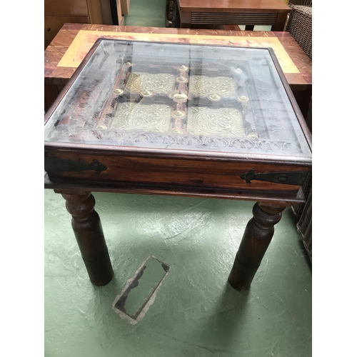 183 - Oriental Highly Decorative Glass Top Solid Wood Square Side Table (60 x 60 x 62cm H.)