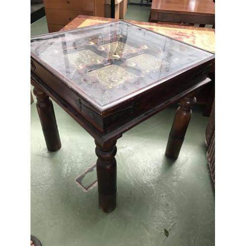 183 - Oriental Highly Decorative Glass Top Solid Wood Square Side Table (60 x 60 x 62cm H.)