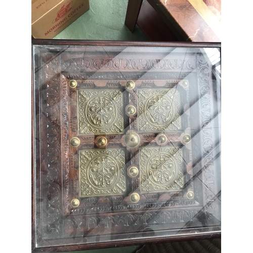 183 - Oriental Highly Decorative Glass Top Solid Wood Square Side Table (60 x 60 x 62cm H.)