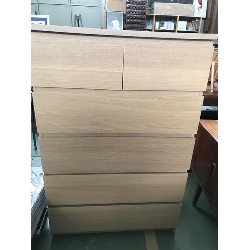 218 - Light Wood 'Tall Boy' Chest of 6 Drawers (80 W. x 48 D. x 123cm H.)