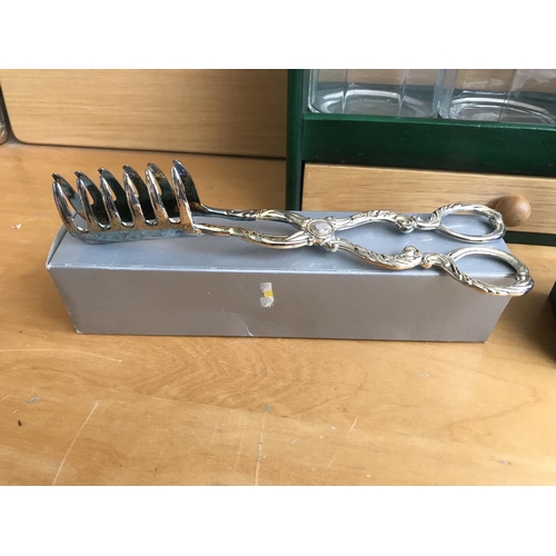 108 - Set of Kitchen Containers and 2 Vintage Silver Plated Tongs