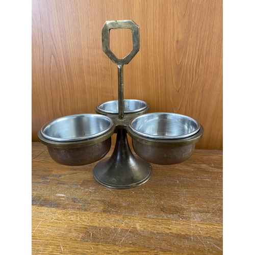 56 - Vintage Copper Condiment Stand Set of 3 Cups/Bowls