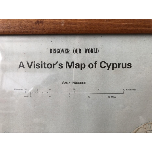 236 - Vintage Framed Visitor Map of Cyprus (57 x 37cm) - Taken Back on 12/11/2022