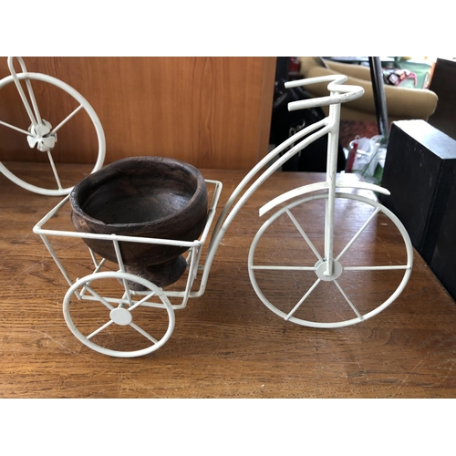 299 - Set of 3 Handmade Metal Bicycles and Carriage with Clay Pots - Taken Back on 29/10/2022