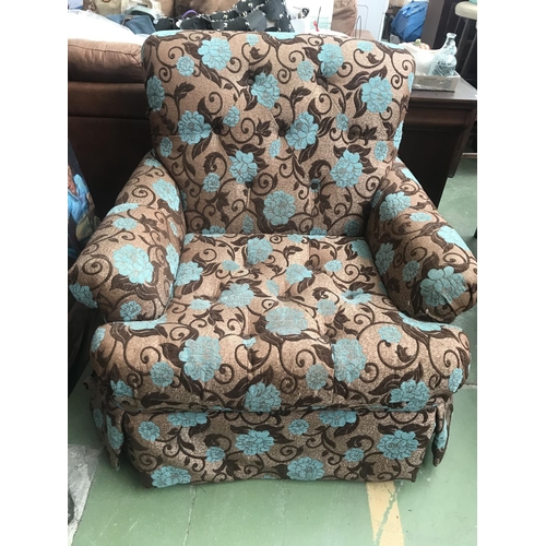 57 - Large Brown and Green Fabric Upholstered Armchair