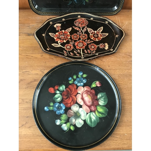 37 - x2 Vintage Hand Painted Metal Russian Serving Trays and Wooden One