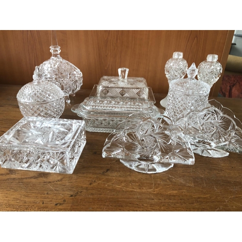 103 - Collection of 10 Crystals Incl. Trinket Boxes, Bowls, Napkin Holders, Salt & Pepper Containers