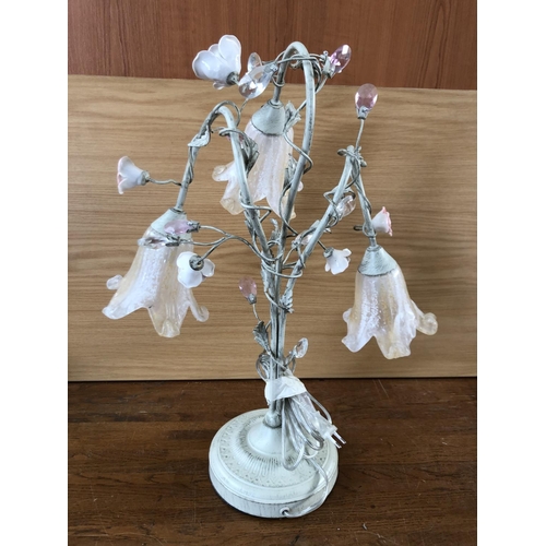 224 - Vintage Glass and Metal White 3-Arm 'Tree' Table Lamp with Metal and Crystal Leaves