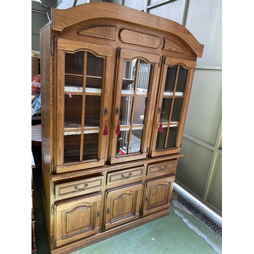 229 - Large Solid Oak 2-Piece Lighted Display Cabinet/Dresser with 3 Cabinets and 3 Drawers (140 W. x 53 D... 