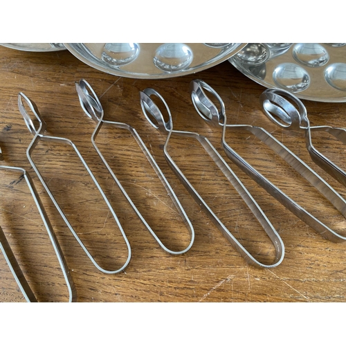 248 - Set of 6 Escargot Snail Dishes and 6 Snail Tongs