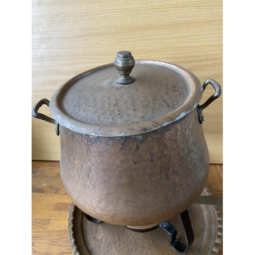 273 - Vintage Hammered Copper Rechaud Containing Pan with Handle, Burner Base and Metal Stand on Tray