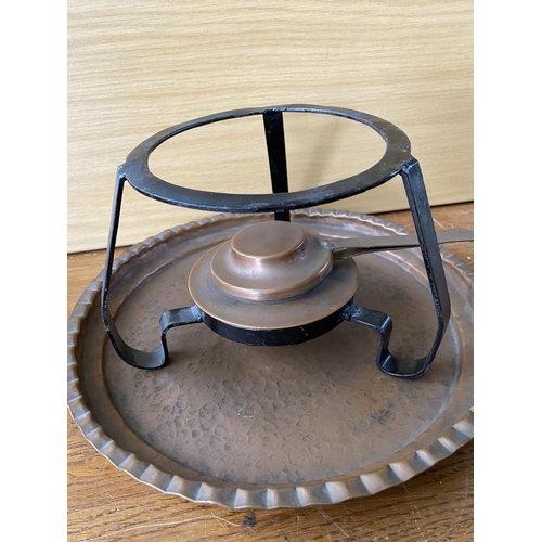 273 - Vintage Hammered Copper Rechaud Containing Pan with Handle, Burner Base and Metal Stand on Tray