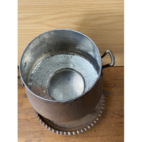 273 - Vintage Hammered Copper Rechaud Containing Pan with Handle, Burner Base and Metal Stand on Tray