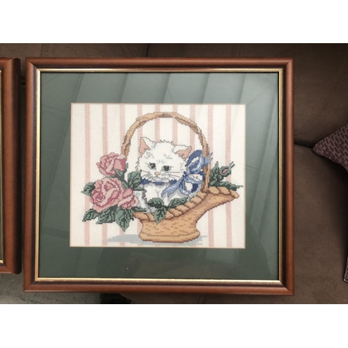 278 - x2 Framed Tapestries with Cat Depiction (38 x 34cm, 36 x 30cm)