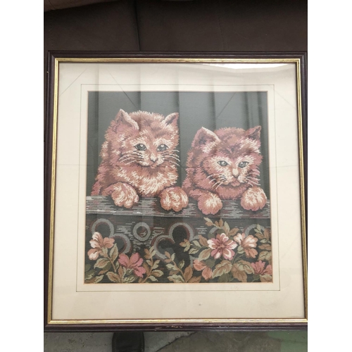 279 - Framed Tapestry with Cat Depiction and Related Print (41 x 42cm)