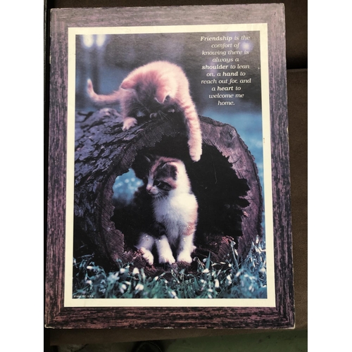 279 - Framed Tapestry with Cat Depiction and Related Print (41 x 42cm)