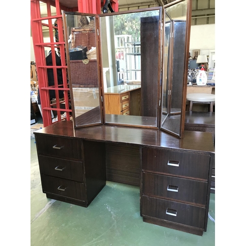 345 - Vintage Wooden Dressing Table with Tri-Fold Mirror and 6 Drawers (140 W. x 40 D. x 157cm H.)