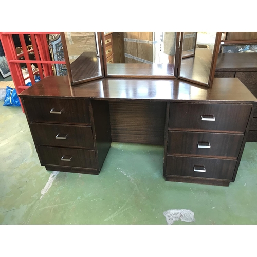 345 - Vintage Wooden Dressing Table with Tri-Fold Mirror and 6 Drawers (140 W. x 40 D. x 157cm H.)