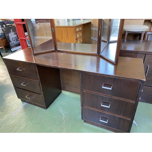 345 - Vintage Wooden Dressing Table with Tri-Fold Mirror and 6 Drawers (140 W. x 40 D. x 157cm H.)