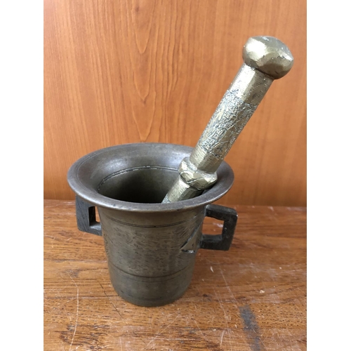 186 - Antique Solid Brass Mortar with Handles and Carved Pestle - Taken Back on 25/10/2022