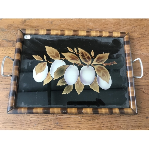 543 - Small Vintage Hand Made Wood and Glass Sewing Tray with Olives Motif (28 x 19cm)