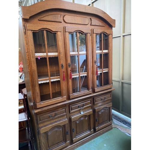 596 - Large Solid Oak 2-Piece Lighted Display Cabinet/Dresser with 3 Cabinets and 3 Drawers (140 W. x 53 D... 