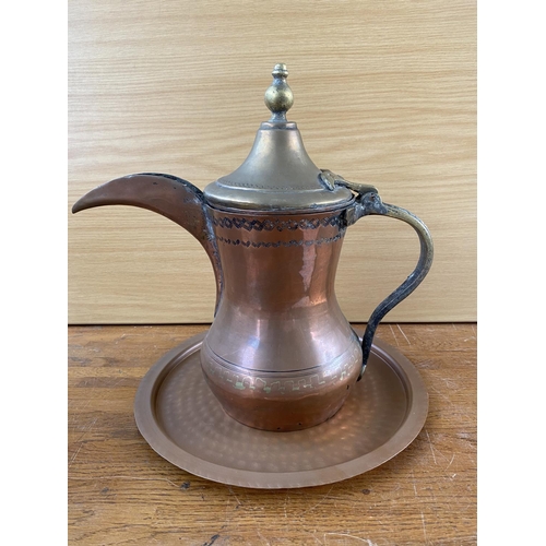 597 - Antique Middle Easter Dallah Arabic Copper Coffee Pot on Tray