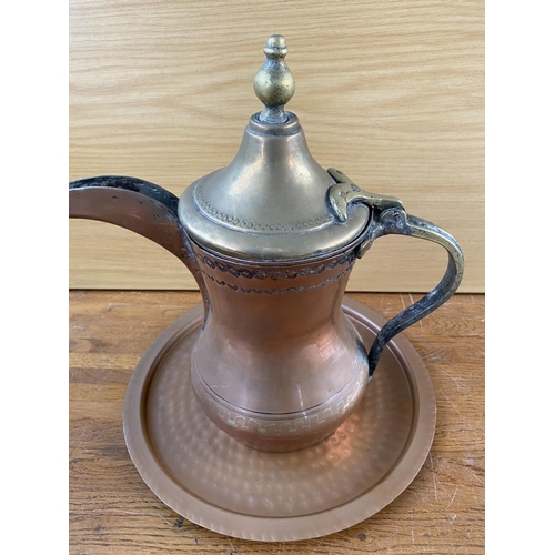 597 - Antique Middle Easter Dallah Arabic Copper Coffee Pot on Tray