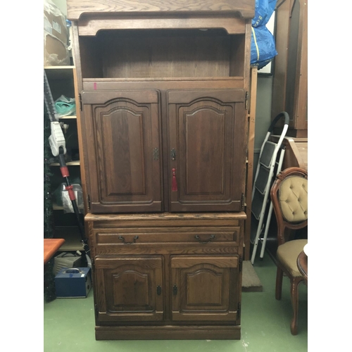 602 - Tall Vintage 2-Piece Solid Oak Cabinet/TV Cabinet with Drawer and Lighted Top Shelf (93 W. x 53 D. x... 