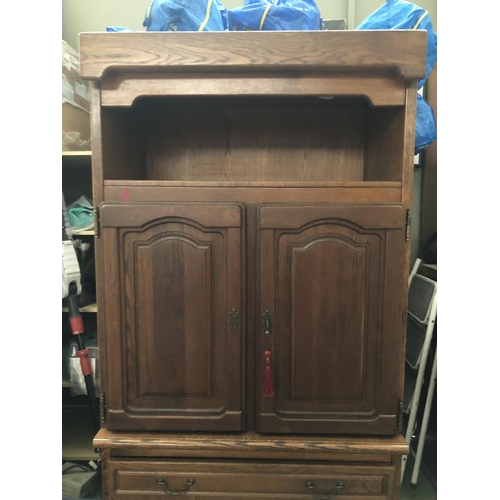 602 - Tall Vintage 2-Piece Solid Oak Cabinet/TV Cabinet with Drawer and Lighted Top Shelf (93 W. x 53 D. x... 