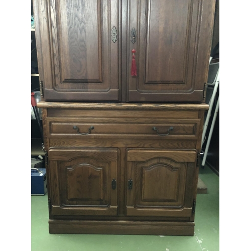 602 - Tall Vintage 2-Piece Solid Oak Cabinet/TV Cabinet with Drawer and Lighted Top Shelf (93 W. x 53 D. x... 