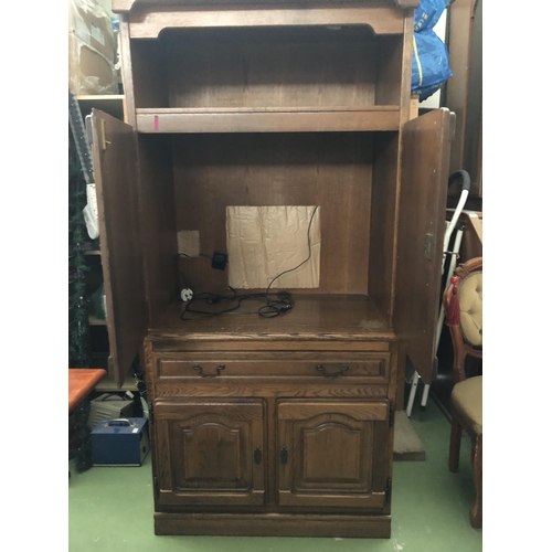 602 - Tall Vintage 2-Piece Solid Oak Cabinet/TV Cabinet with Drawer and Lighted Top Shelf (93 W. x 53 D. x... 