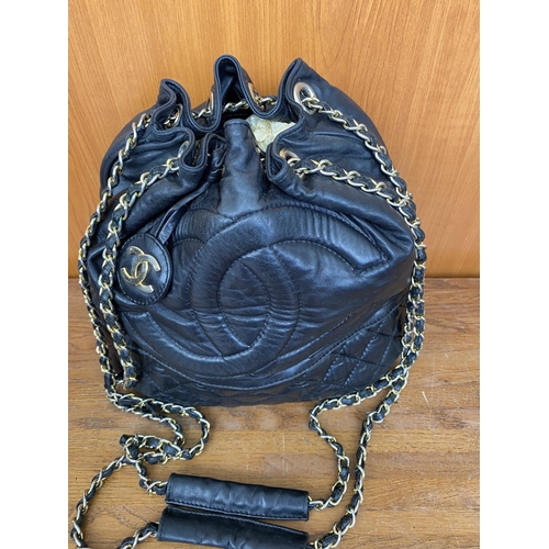 247 - Ladies Black Leather Handbag with Chain Handles