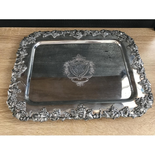 74 - Vintage Silver Plated Footed Cheese Tray with Raised Ornate Grape Vines (34 x 27cm)