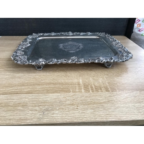 74 - Vintage Silver Plated Footed Cheese Tray with Raised Ornate Grape Vines (34 x 27cm)