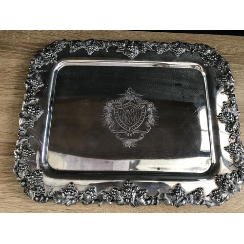 74 - Vintage Silver Plated Footed Cheese Tray with Raised Ornate Grape Vines (34 x 27cm)