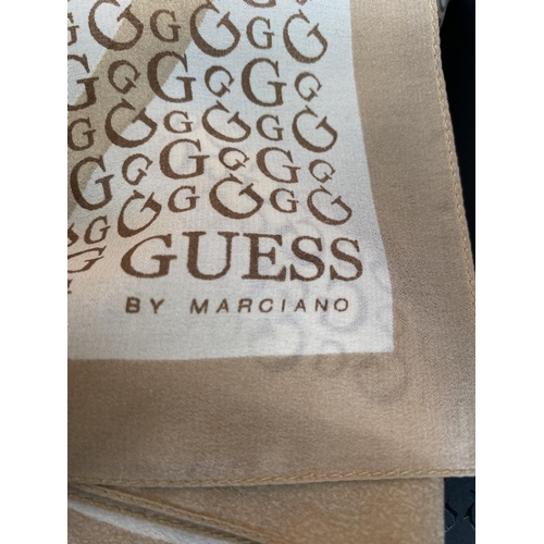 80 - Guess by Marciano 100% Silk Beige Scarf with Guess Monogram (Unused - 48 x 50cm)