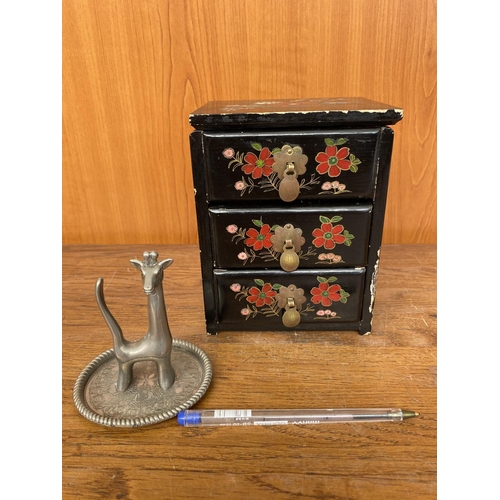 260 - Small Vintage Chinese Jewellery Box Together with Pewter Giraffe Jewellery Stand and Other