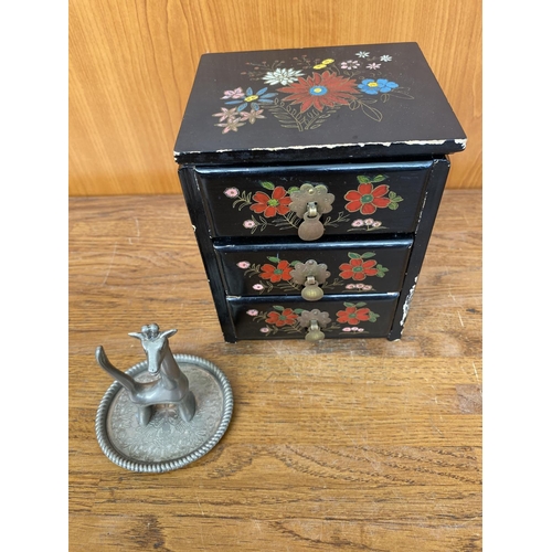 260 - Small Vintage Chinese Jewellery Box Together with Pewter Giraffe Jewellery Stand and Other