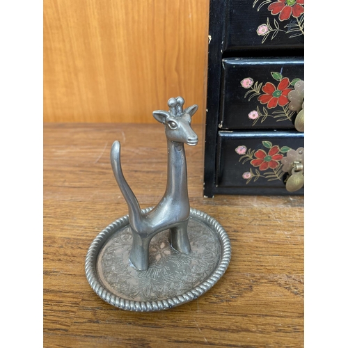 260 - Small Vintage Chinese Jewellery Box Together with Pewter Giraffe Jewellery Stand and Other