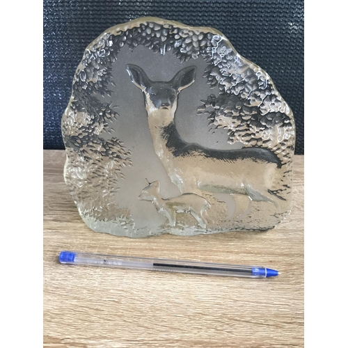 291 - Vintage Viokef Hand Crafted Deer on Glass Block