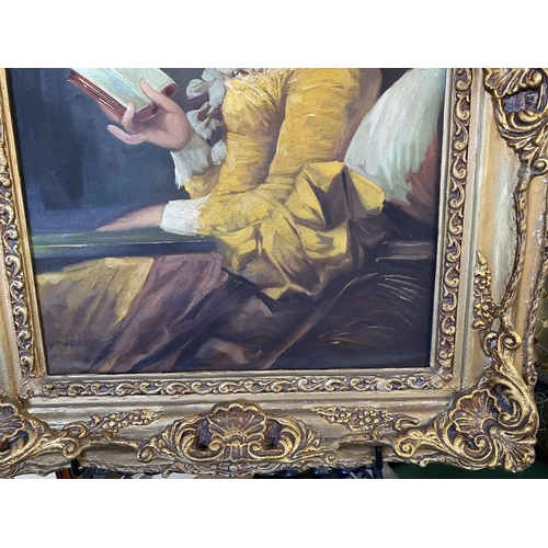 5 - Beautiful Old Painting in Carved and Gilt Wooden Frame with a Young Girl Wearing a Yellow Dress with... 