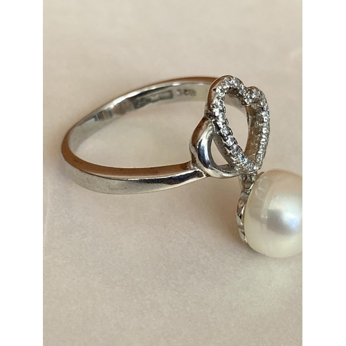 63 - Silver 925 Chinese Fresh Water Cultured Pearl & Small Zirconia Ring